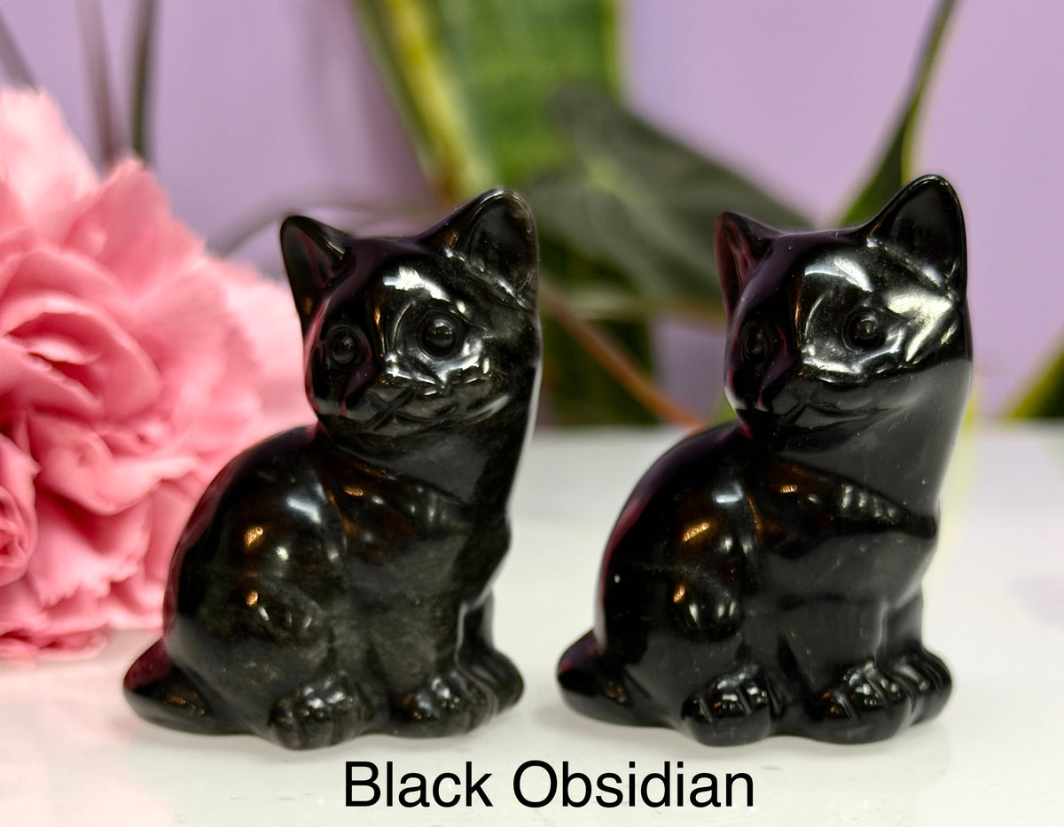 3 PCs Natural Black Obsidian Cats  Crystals healing energy