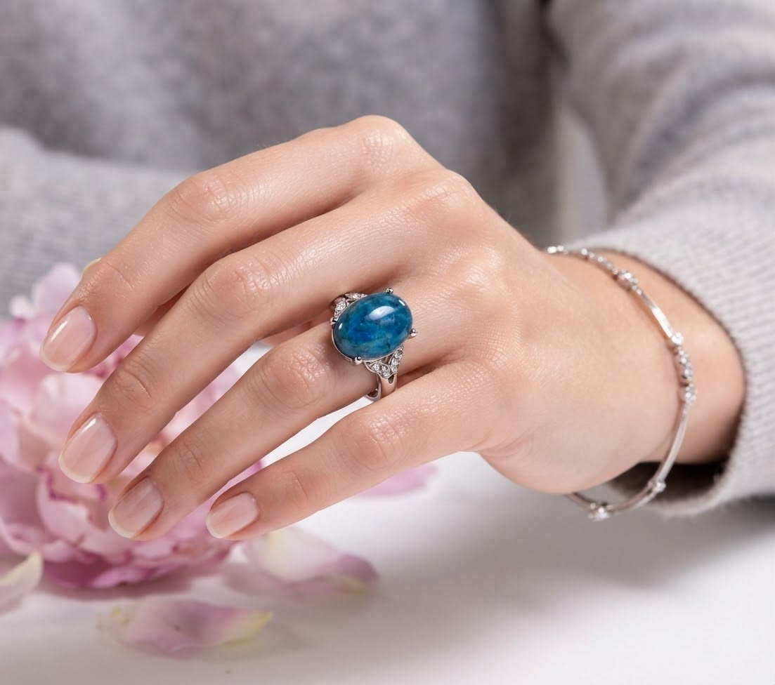 Wholesale Lot 7 pcs Natural Apatite Stainless Steel Ring 10x12mm