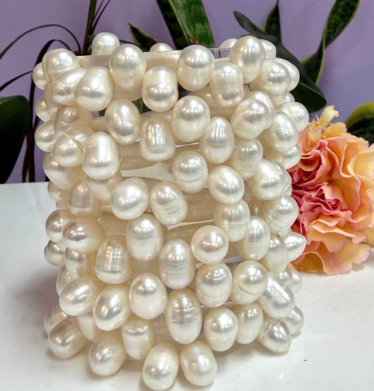 Wholesale 6 Pcs 8x12mmNatural Freshwater Pearl Healing Stretch Bracelet 7.3”