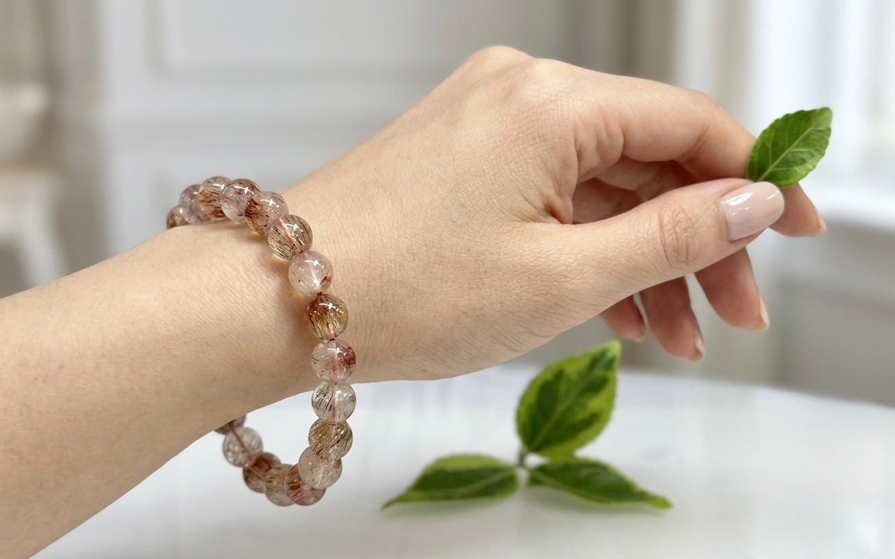 6 PCs 10-11.5mm Natural Rutilated Quartz Crystal Stretch Bracelet 8”