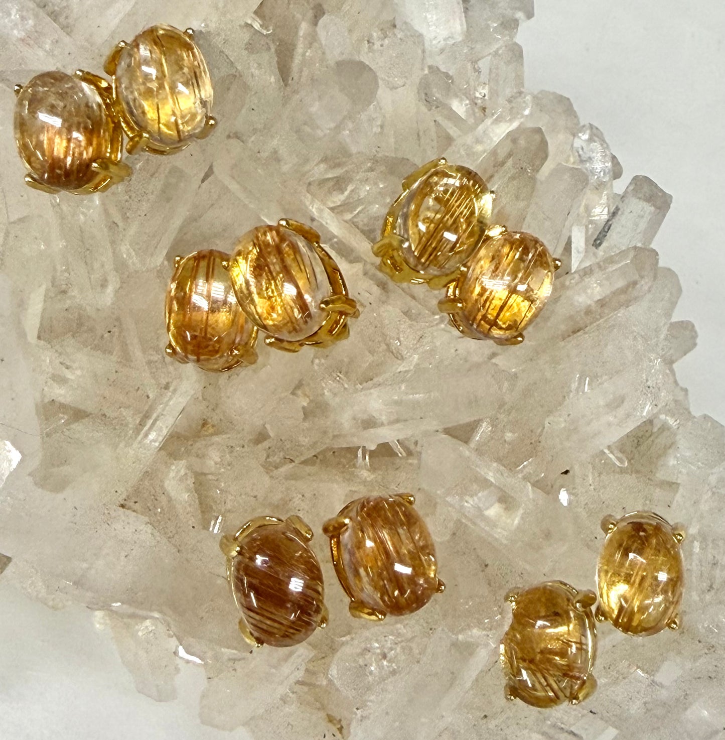 Wholesale Lot 5 Pairs Natural Gold Rutilated Quartz Sterling Silver (925) Posts