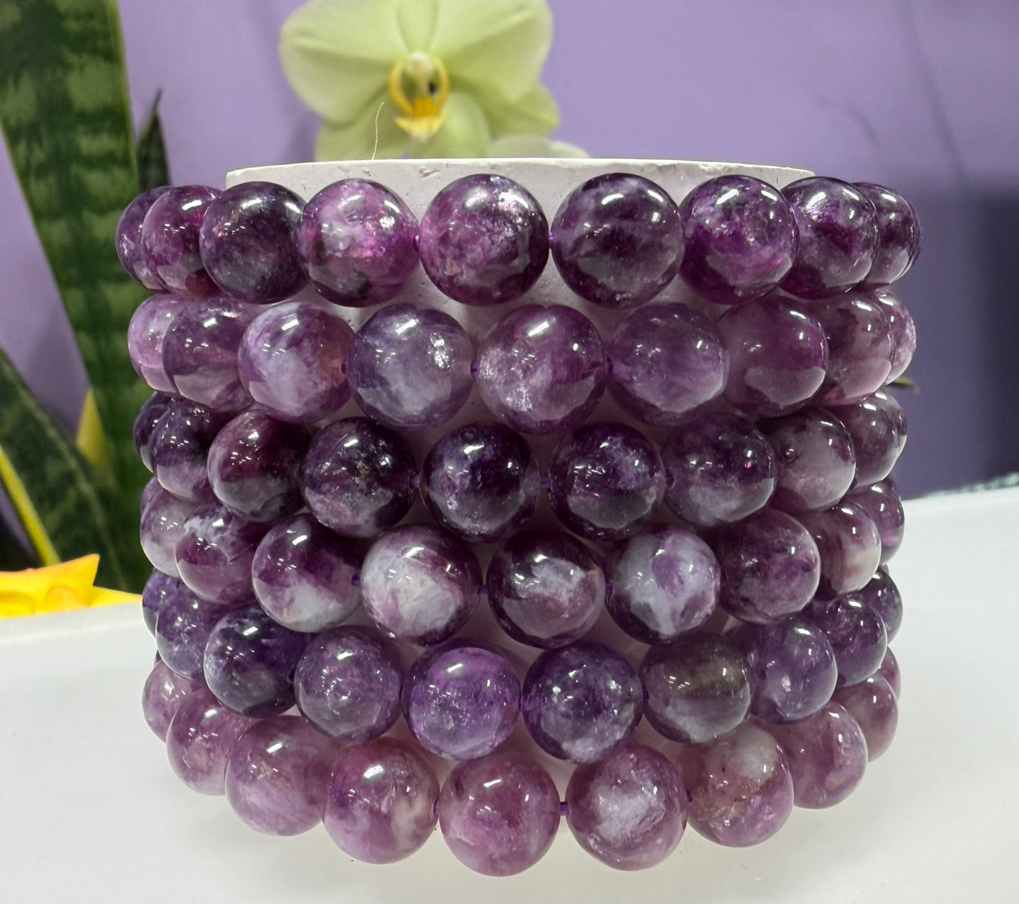 6 PCs Natural Lepidolite Mica 8-9.8mm 7.5” Stretch Bracelet