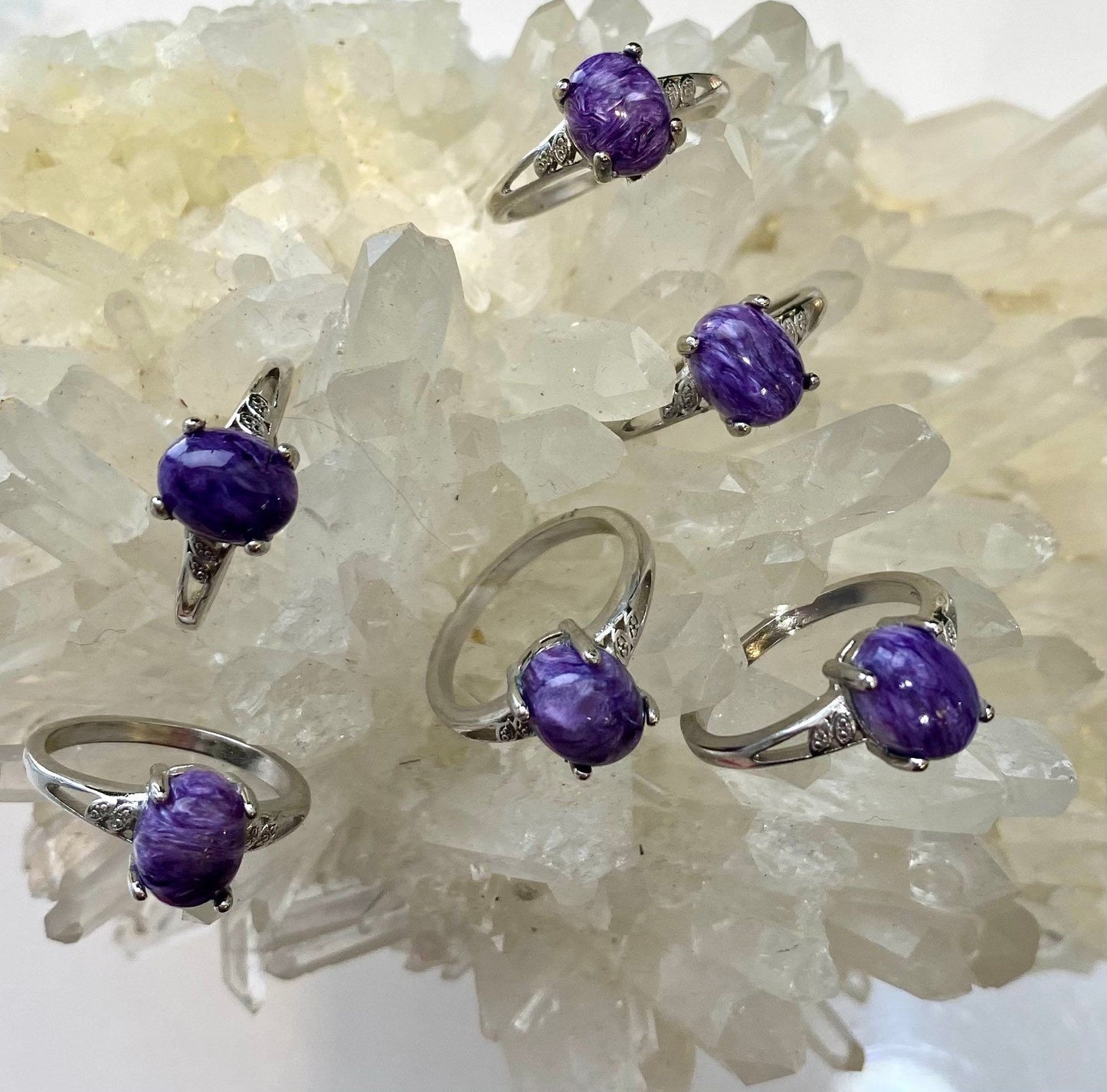 Wholesale Lot 6 pcs Natural Charoite Ring White Bronze