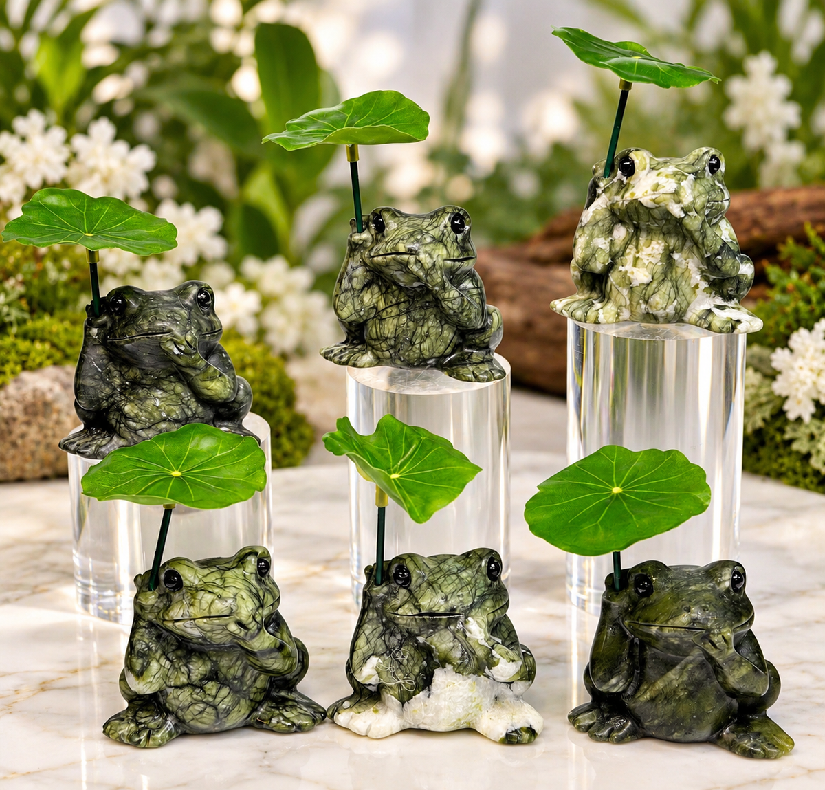 6 PCs Natural Nephrite Jade Frogs with Leaf healing energy
