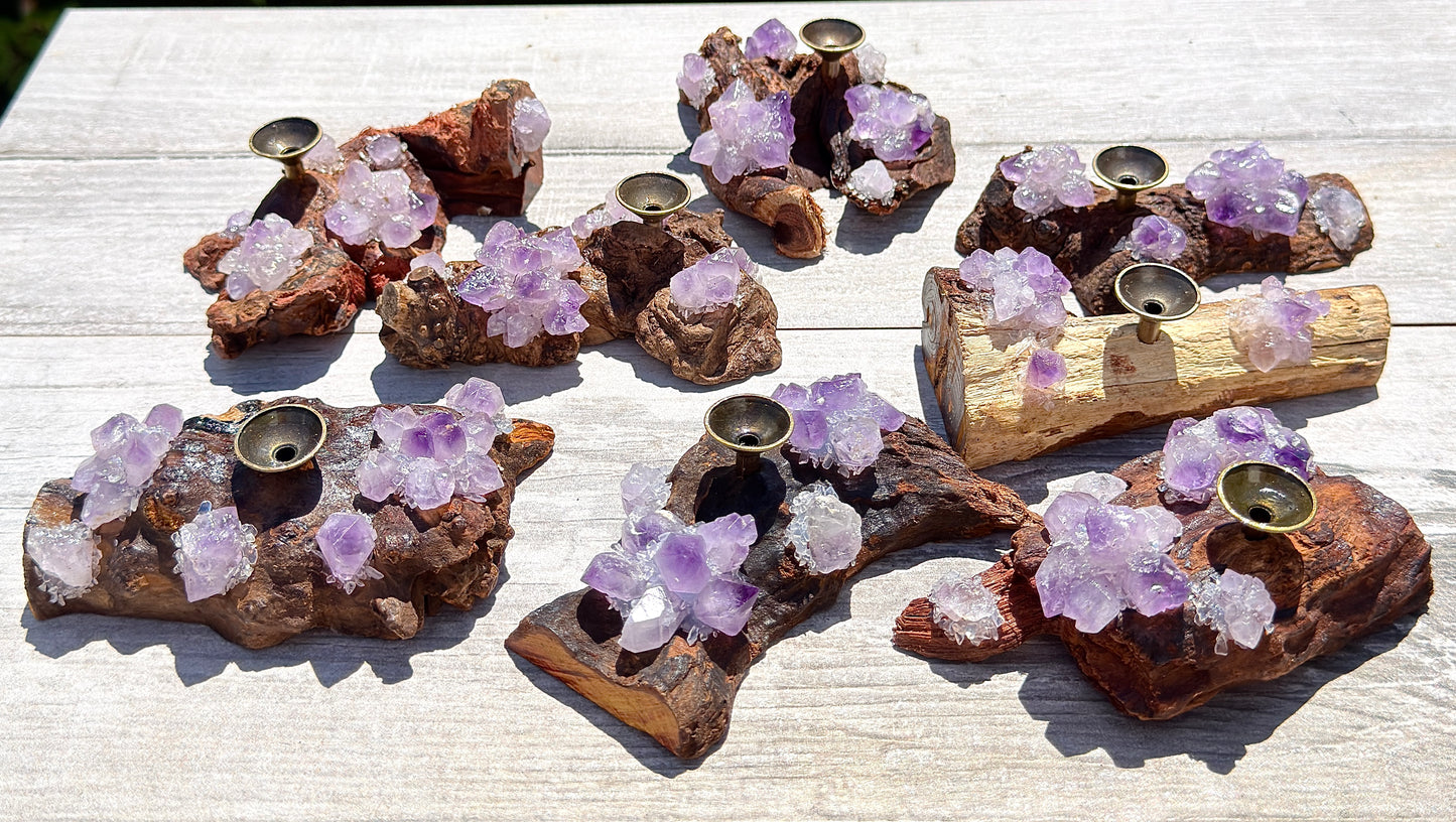 8 pcs PCs Natural Amethyst Drift Wood sphere stand Incense Holder