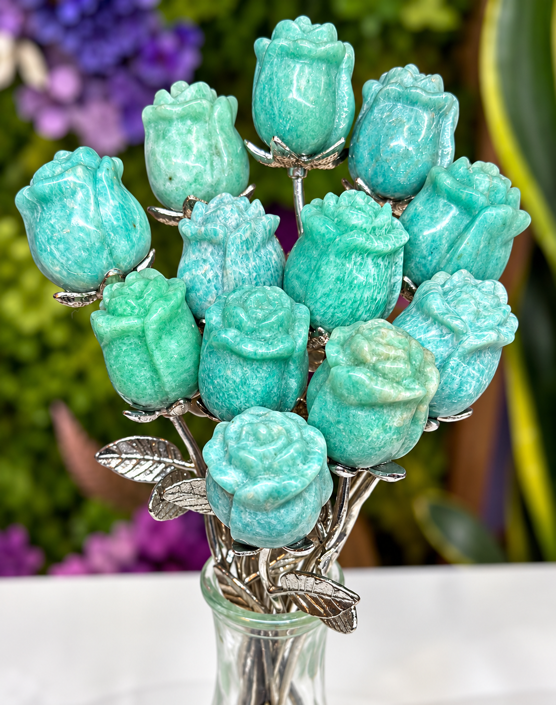 12 PCs Amazonite Rose with Rhodium Metal Stem Natural Crystal Healing Energy