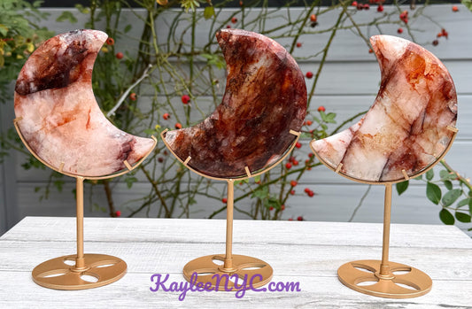 Wholesale Lot 3 PCs Natural Hematiod Fire Quartz Moon w/stand Healing Energy