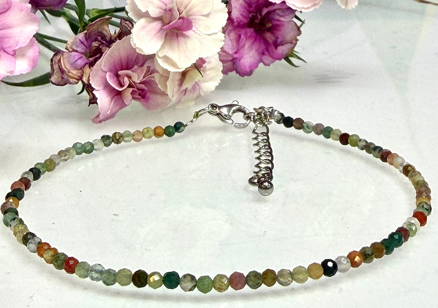 6 PCs 2mm Faceted Indian Moss Agate Necklace Stainless Steel Findings