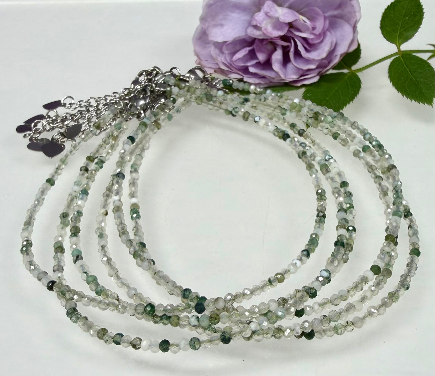 6 PCs 2mm Faceted Natural Moss Agate Anklets Stainless Steel Findings