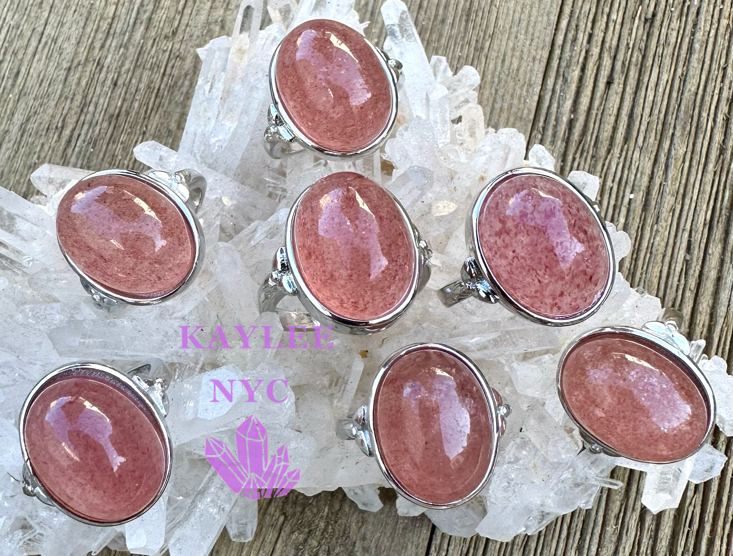 7 PCs Natural Strawberry Quartz White Bronze Ring