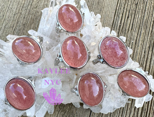 7 PCs Natural Strawberry Quartz White Bronze Ring