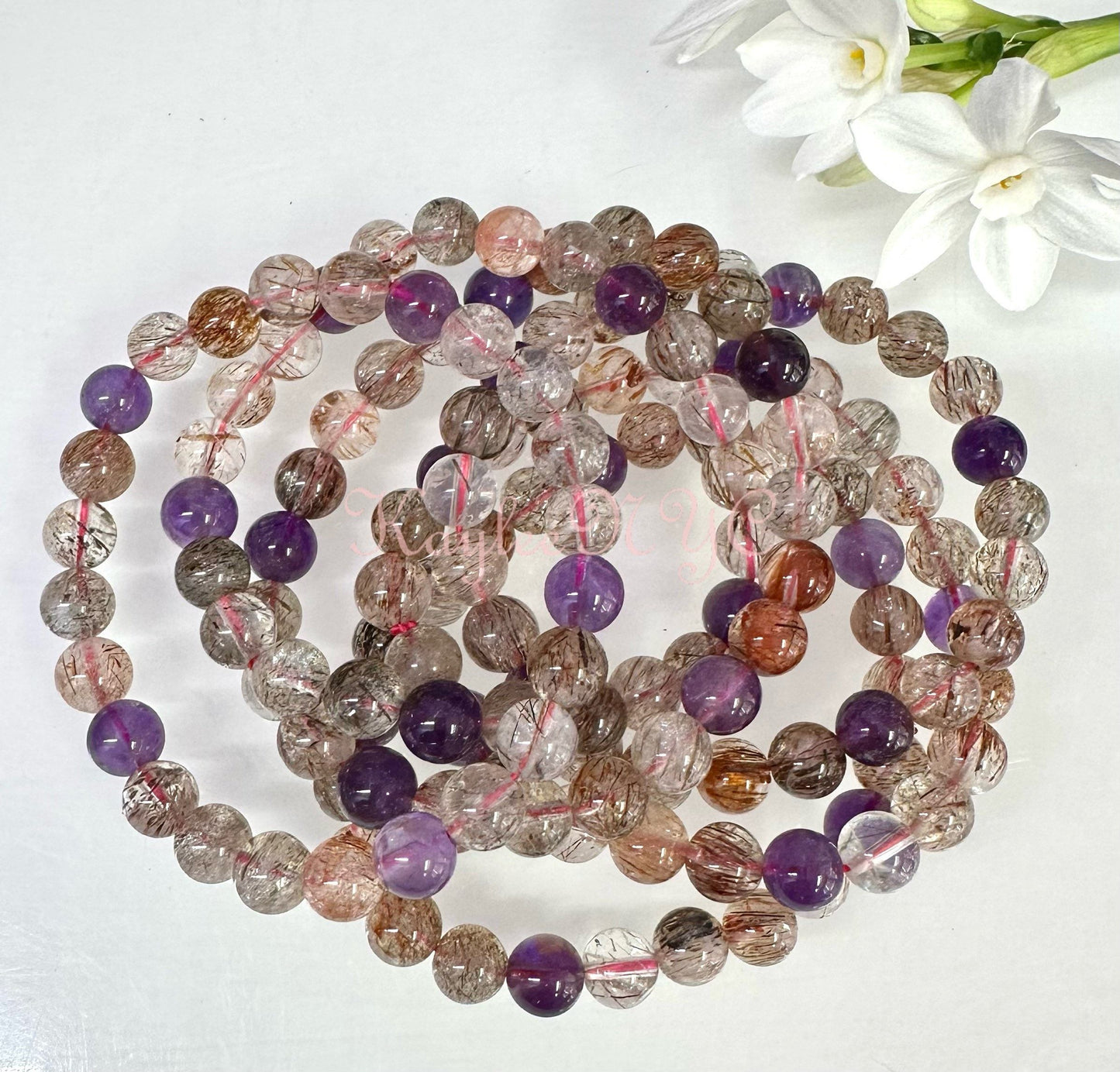 Wholesale 6 Pcs Natural Super 7 Melody Rutilated 8mm 7.5” Crystal Healing Stretch Bracelet