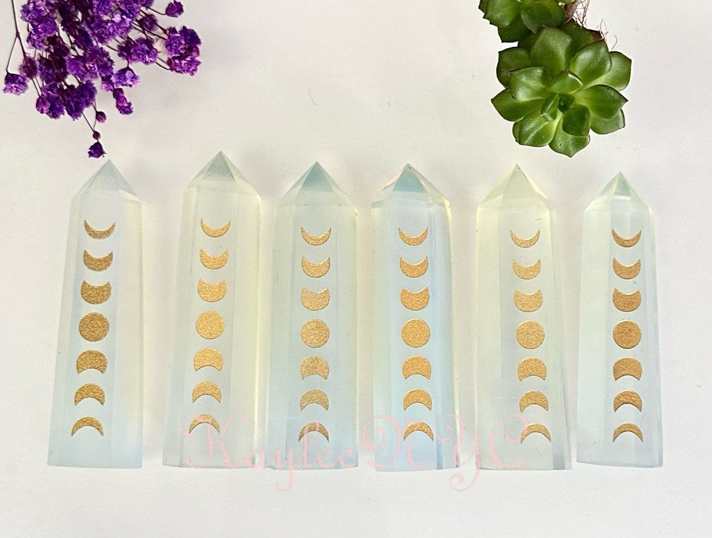 Wholesale Lot 1 Lb Opalite Etched Gold Moons Obelisk Point Crystal Healing Energy