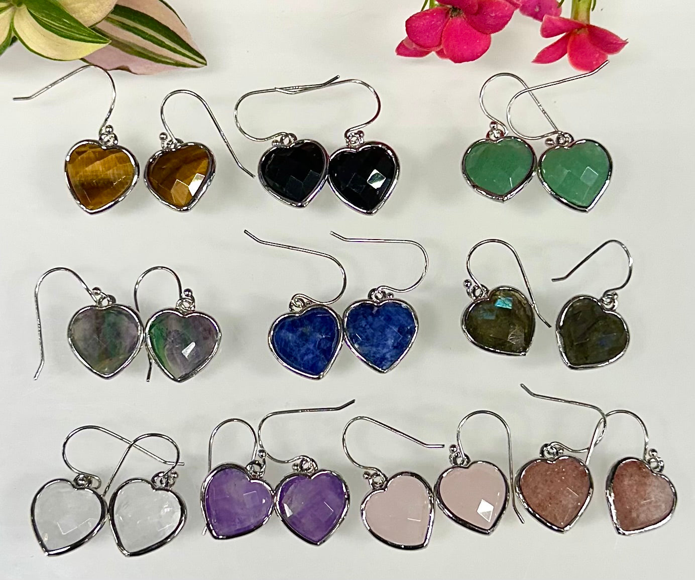 Wholesale Lot 10 Pairs Natural Crystal Heart Sterling Silver(925) Dangling Earring