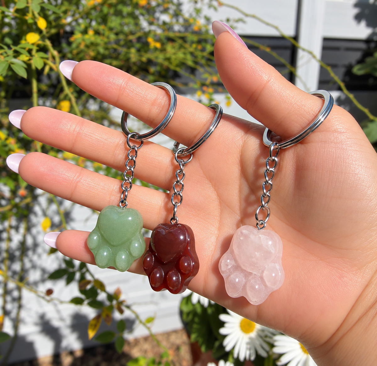 12 PCs Natural Mixed Crystals Dog Paw Print Keychain