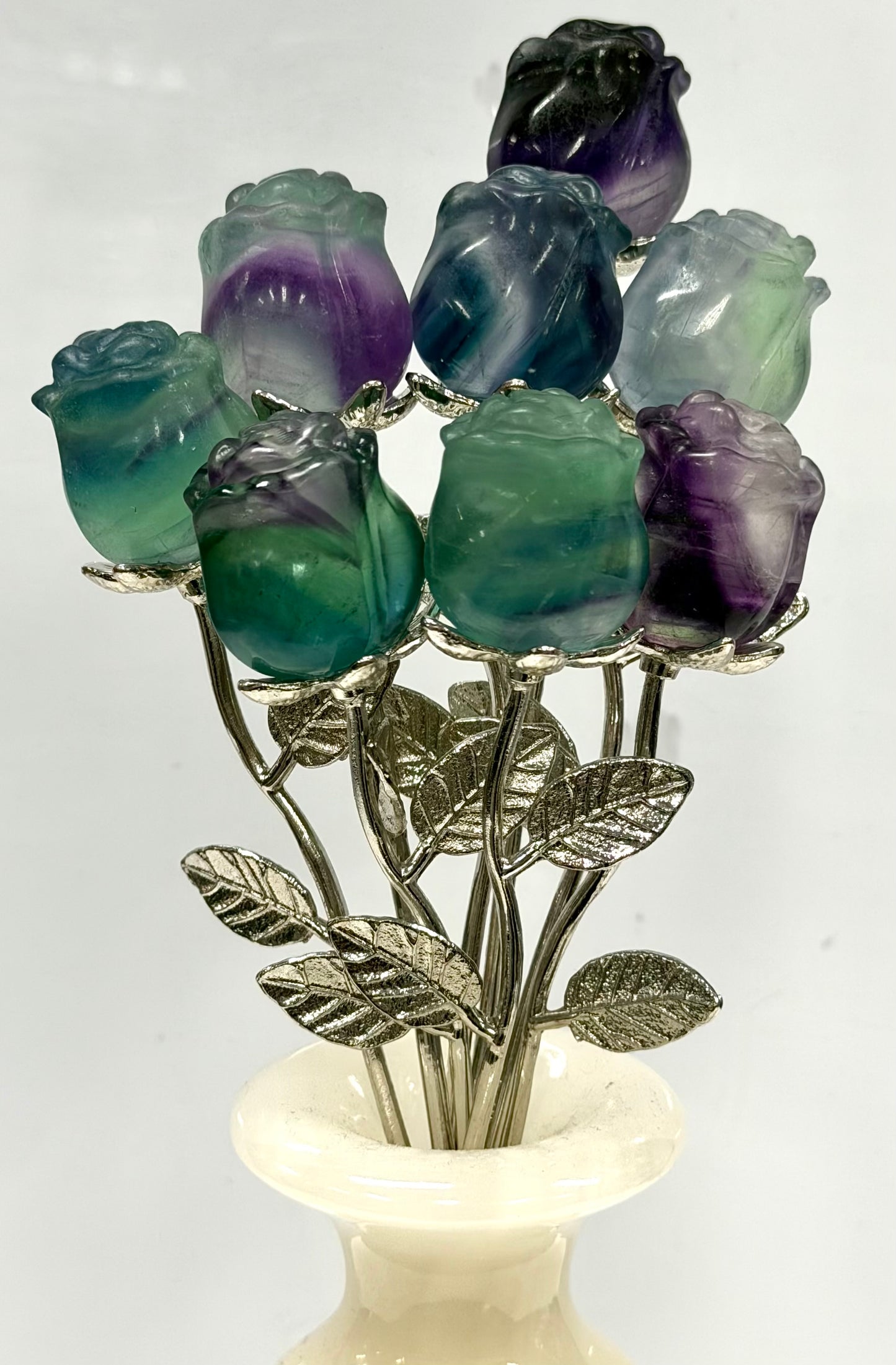 12 PCs Fluorite Rose with Rhodium Metal Stem Natural Crystal Healing Energy