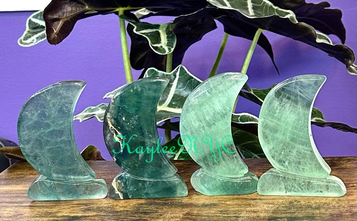 Wholesale Lot 4 pcs Natural Green Fluorite Moons Crystal Healing Energy