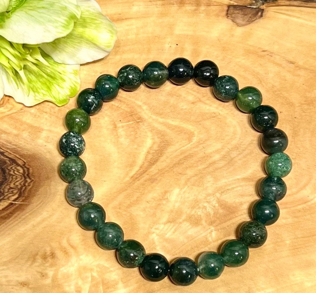 Wholesale Lot 6 Pcs Natural Moss Agate 8mm 7.5” Crystal Healing Stretch Bracelet