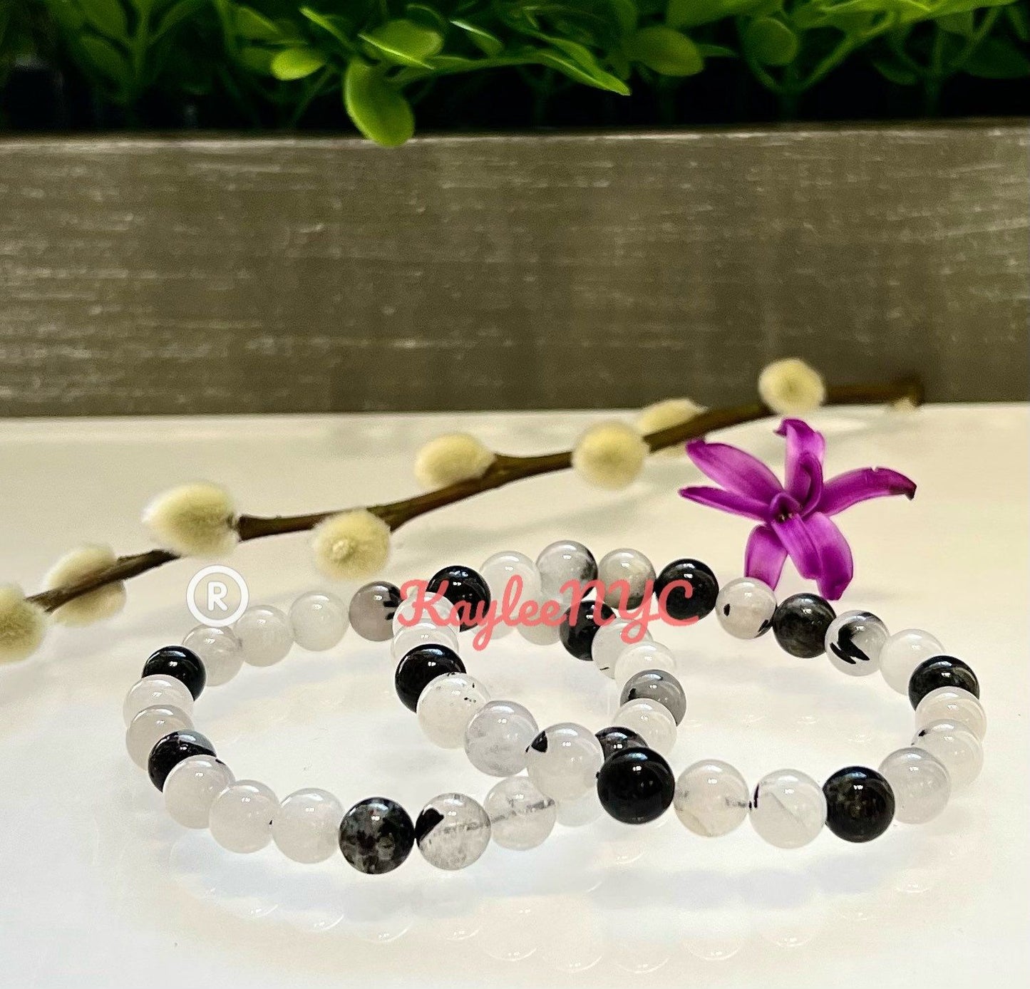 Wholesale 6 Pcs Tourmalinated Quartz 8mm 7.5” Crystal Healing Stretch Bracelet