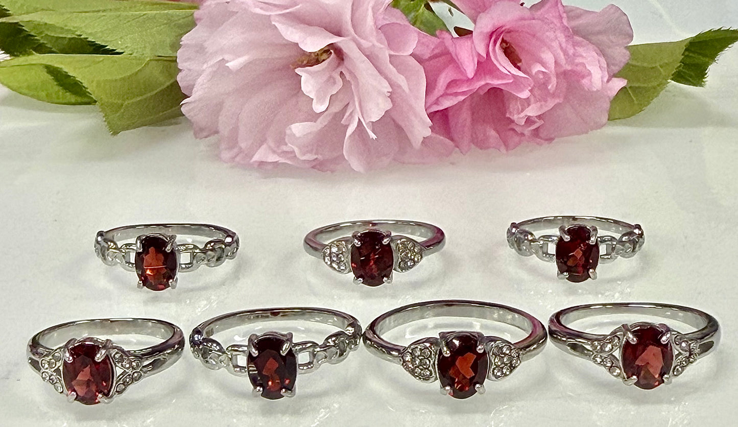Wholesale Lot 7 pcs Faceted Natural Garnet Stainless Steel Ring 6x8mm
