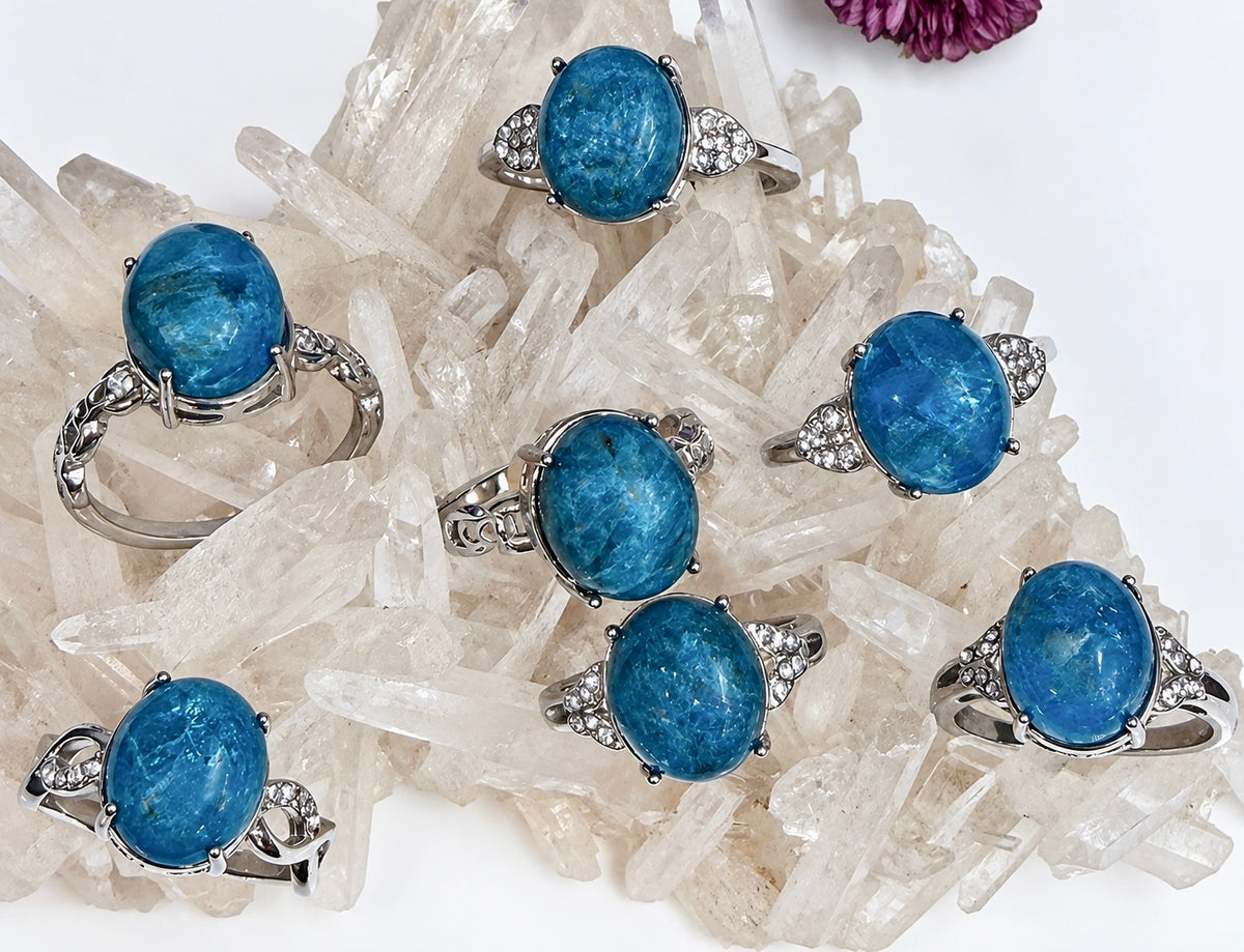 Wholesale Lot 7 pcs Natural Apatite Stainless Steel Ring 10x12mm