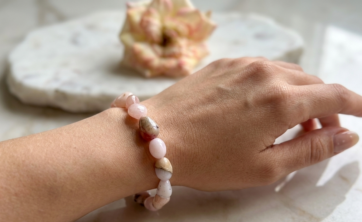 Wholesale 6 Pcs 8mm Pink Opal Tumble Natural Crystal Healing Stretch Bracelet 7.5"