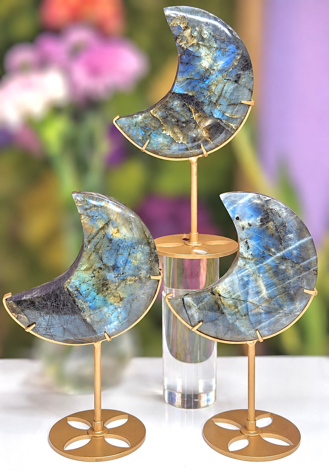 Wholesale Lot 3 pcs Natural Labradorite Moon with Stand Crystal