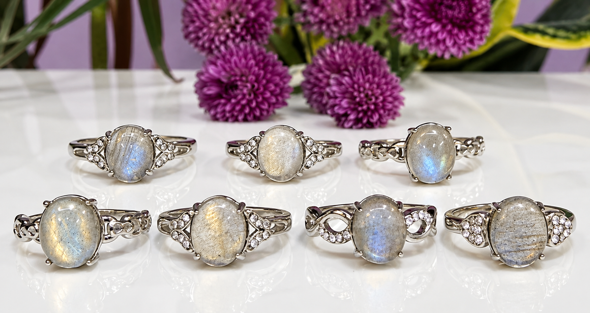 Wholesale Lot 7 pcs Natural Labradorite Stainless Steel Ring (316) 8x10mm