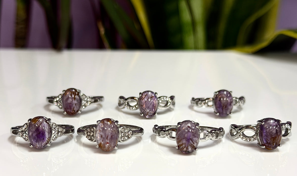 7 pcs Natural Auralite 23 Stainless Steel Ring Crystals Healing Energy