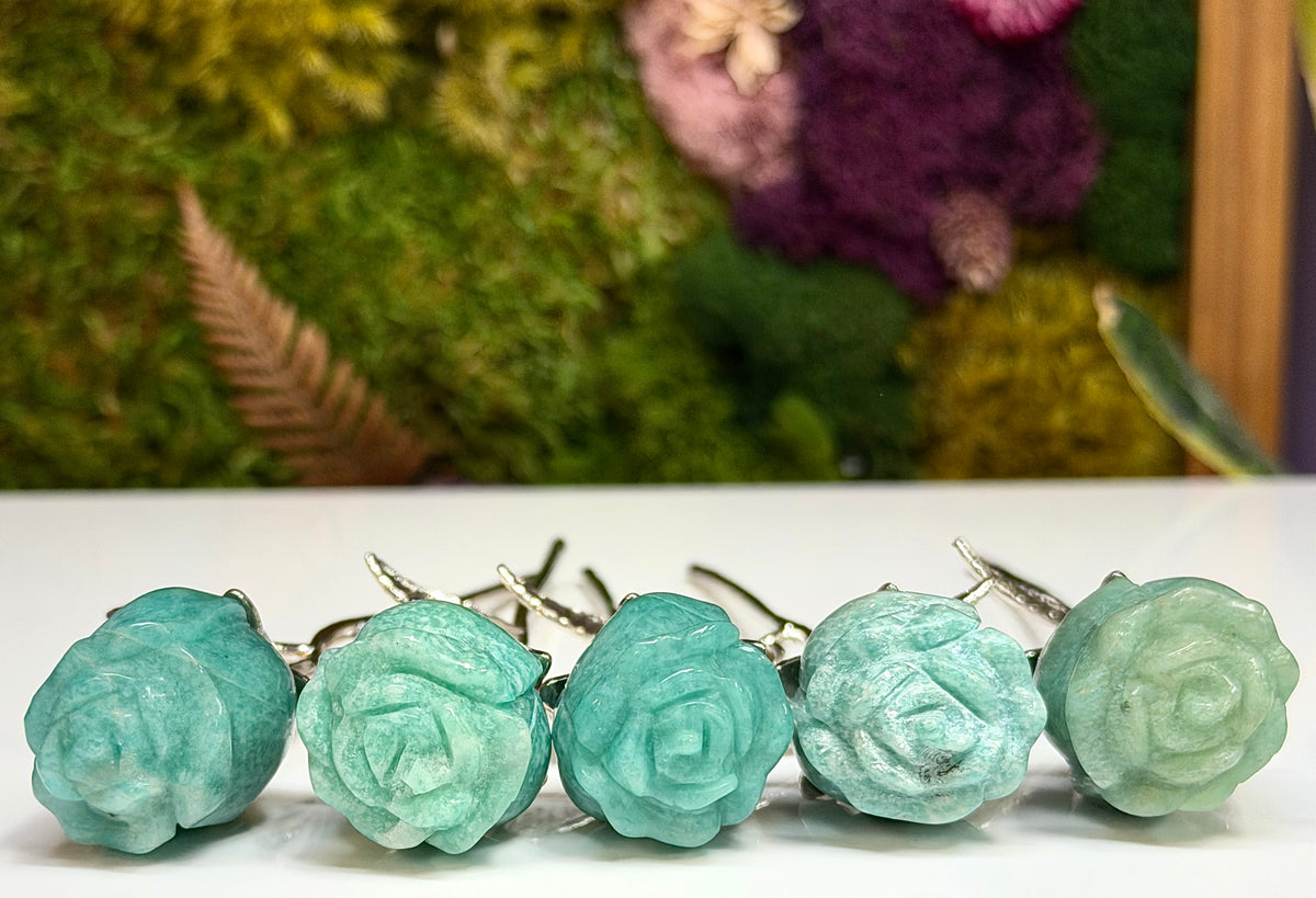 12 PCs Amazonite Rose with Rhodium Metal Stem Natural Crystal Healing Energy