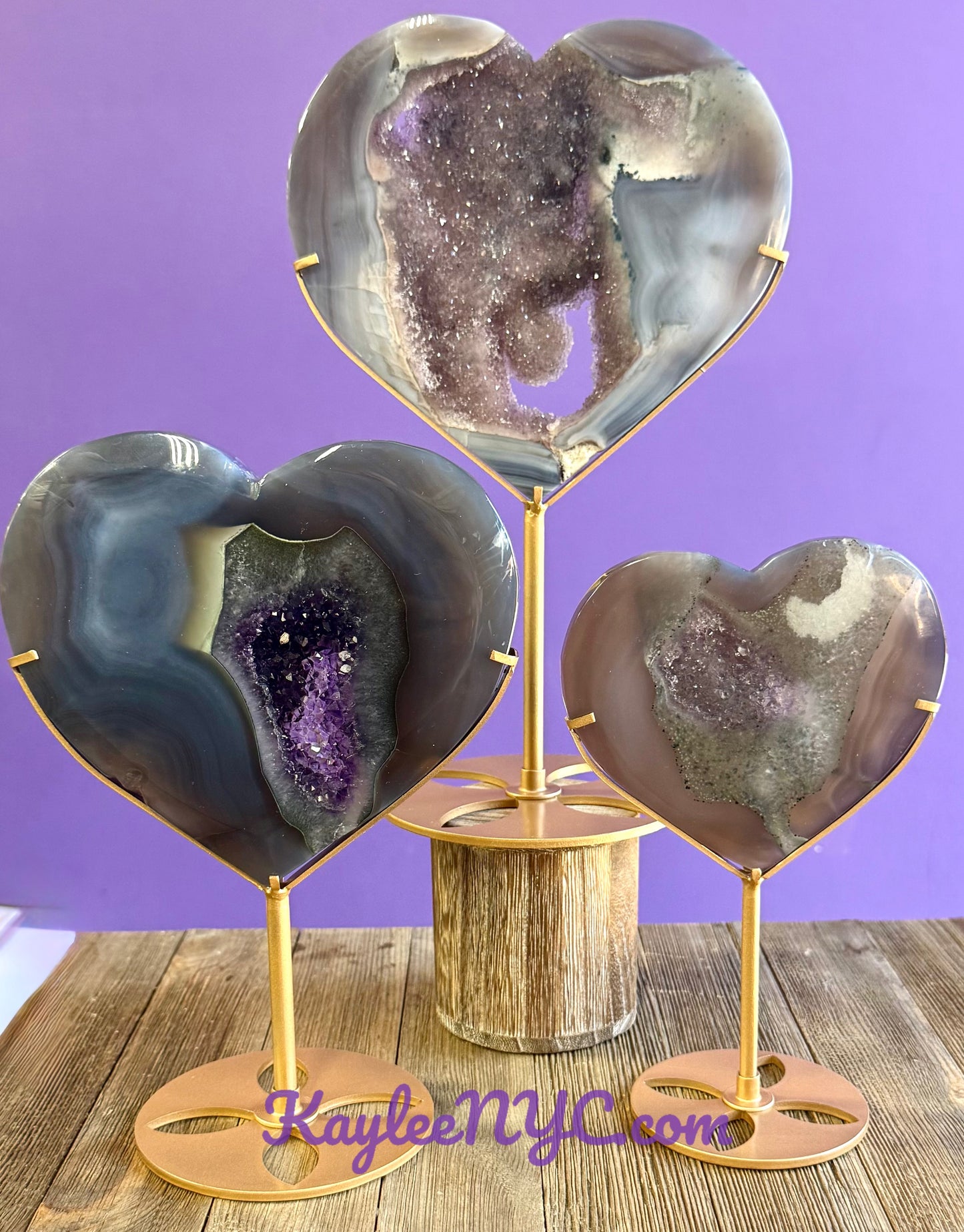Wholesale Lot 3 PCs Natural Amethyst Agate Heart w/stand Healing Energy