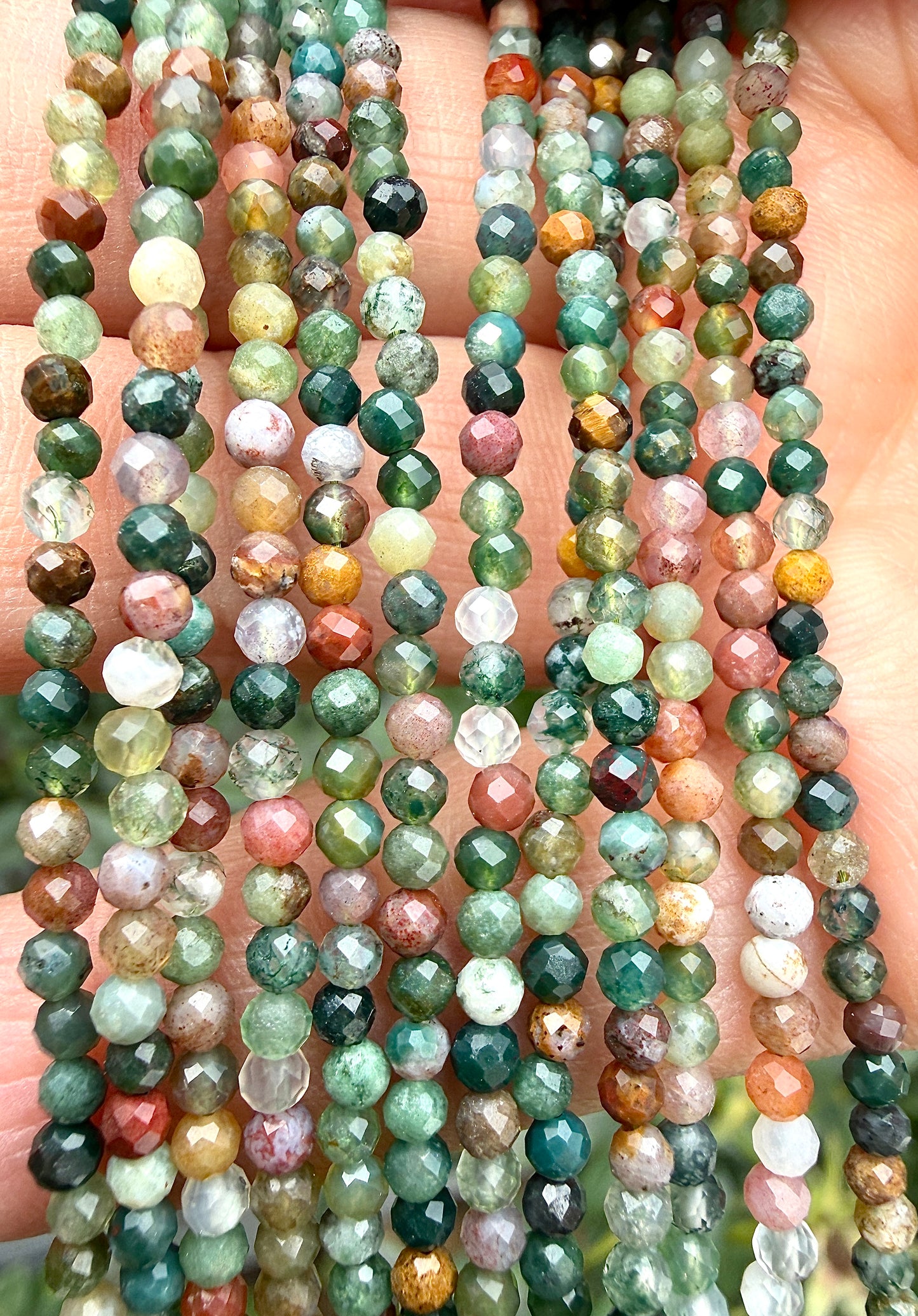 6 PCs 2mm Faceted Indian Moss Agate Necklace Stainless Steel Findings