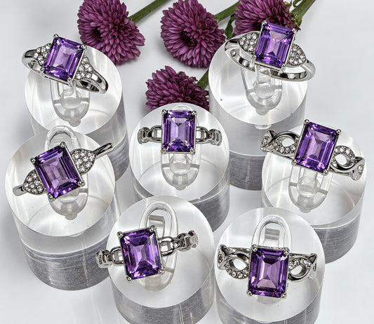 Wholesale Lot 7 pcs Natural Amethyst Emerald Cut Stainless Steel Ring 9x7mm