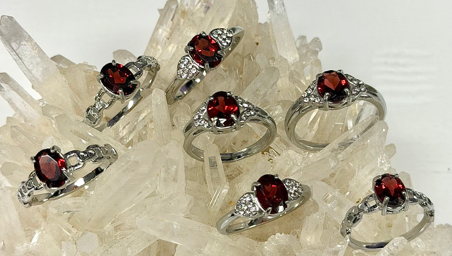Wholesale Lot 7 pcs Faceted Natural Garnet Stainless Steel Ring 6x8mm