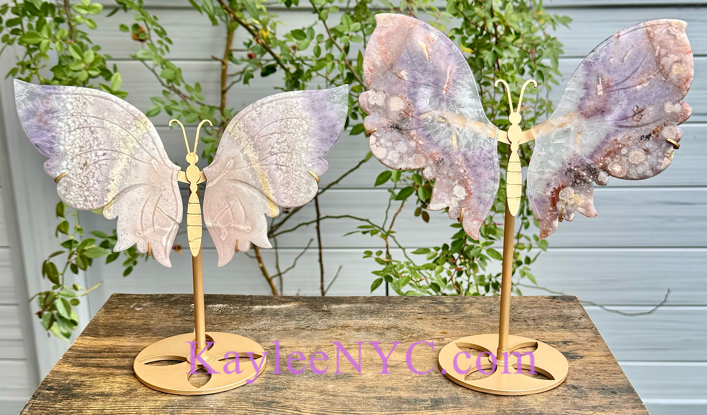 Wholesale Lot 2 PCs Natural Pink Amethyst Flower Agate Butterfly w/stand Healing Energy