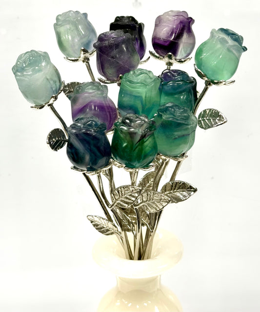 12 PCs Fluorite Rose with Rhodium Metal Stem Natural Crystal Healing Energy