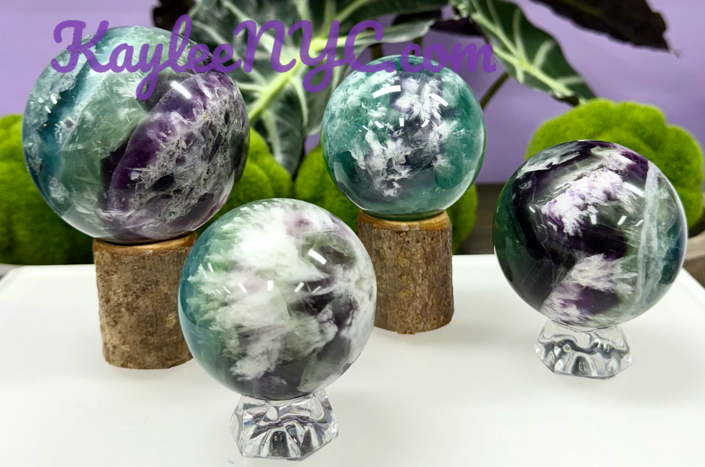 4 PCs Natural Feather Fluorite Sphere Crystals Healing Energy