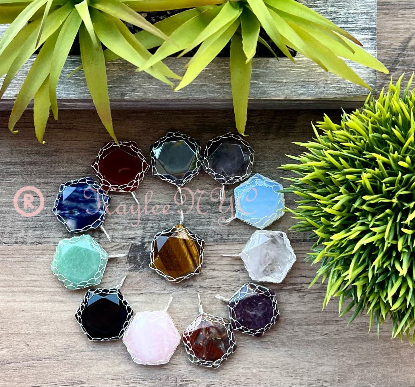 Wholesale Lot 12 Pcs Hexagon Hand Wrapped Pendant Crystal Healing Energy