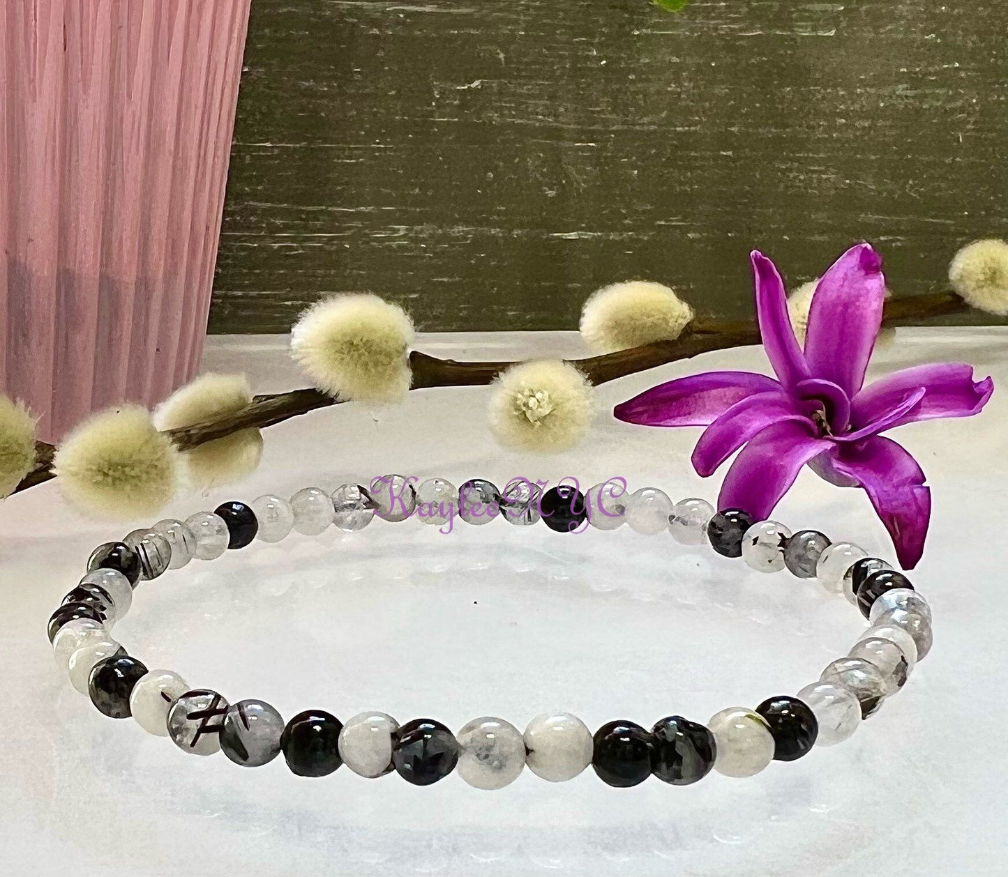 Wholesale Lot 6 Pcs Natural Tourmalinated Quartz 4mm 7.5” Crystal Healing Stretch Bracelet