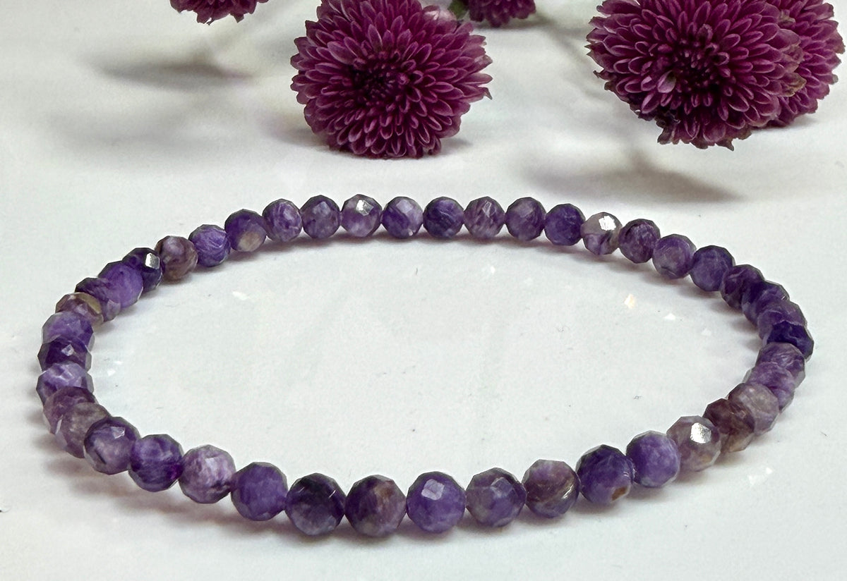 Wholesale 6 Pcs Natural Charoite Faceted Stretch Bracelets – 4mm 7.5”