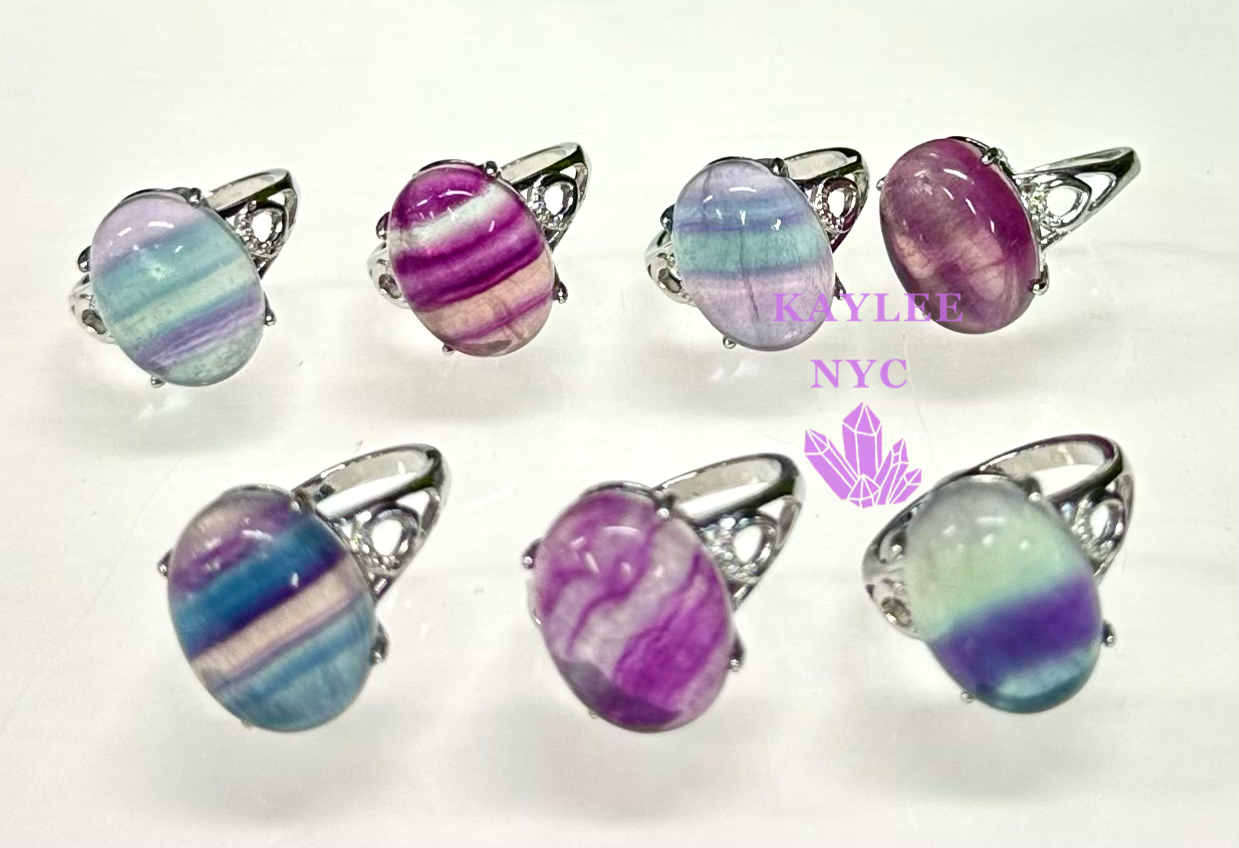 7 PCs Natural Rainbow Fluorite White Bronze Ring