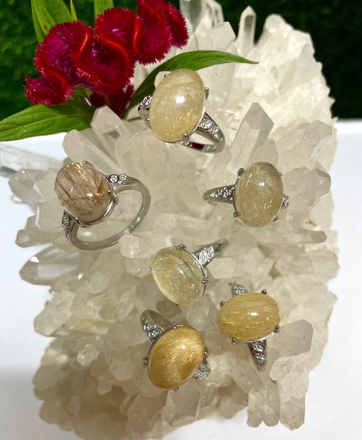 Wholesale Lot 6 pcs Natural Gold Rutilated Quartz Ring White Bronze