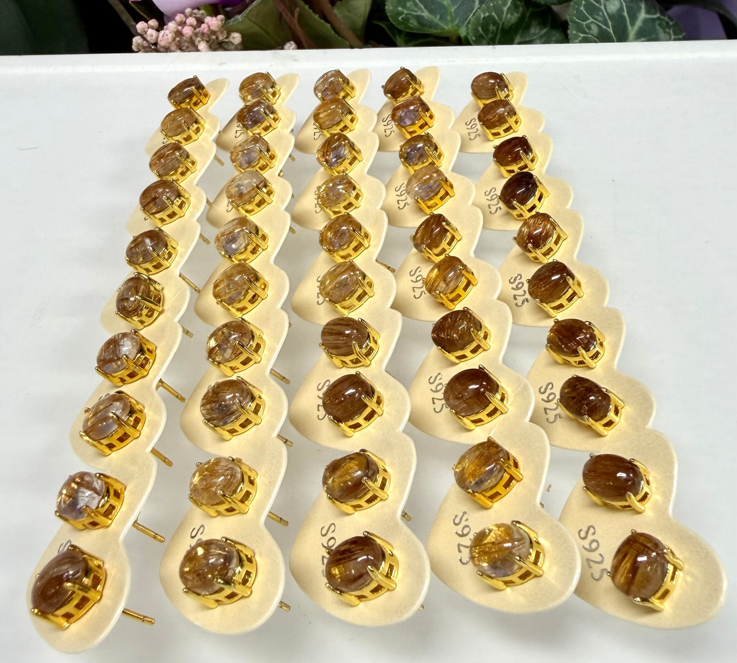Wholesale Lot 5 Pairs Natural Gold Rutilated Quartz Sterling Silver (925) Posts
