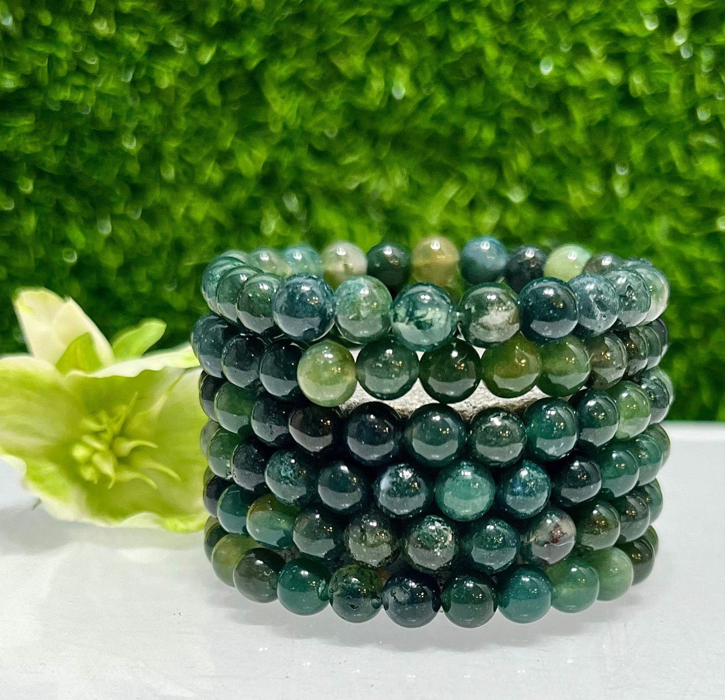 Wholesale Lot 6 Pcs Natural Moss Agate 8mm 7.5” Crystal Healing Stretch Bracelet