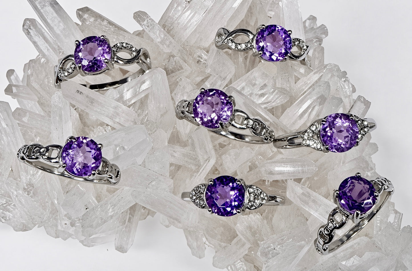 Wholesale Lot 7 pcs Faceted Natural Amethyst Stainless Steel Ring 7mm
