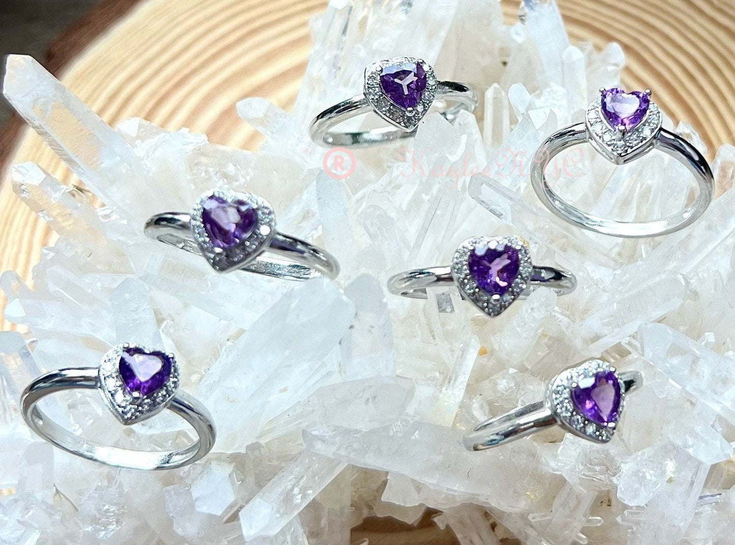 Wholesale Lot 6 pcs Natural Amethyst Heart Ring White Bronze