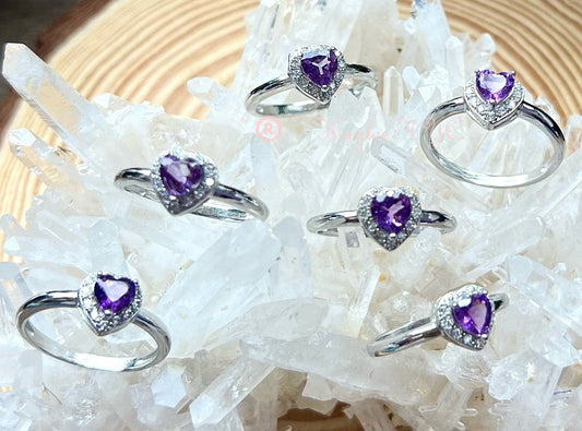 Wholesale Lot 6 pcs Natural Amethyst Heart Ring White Bronze