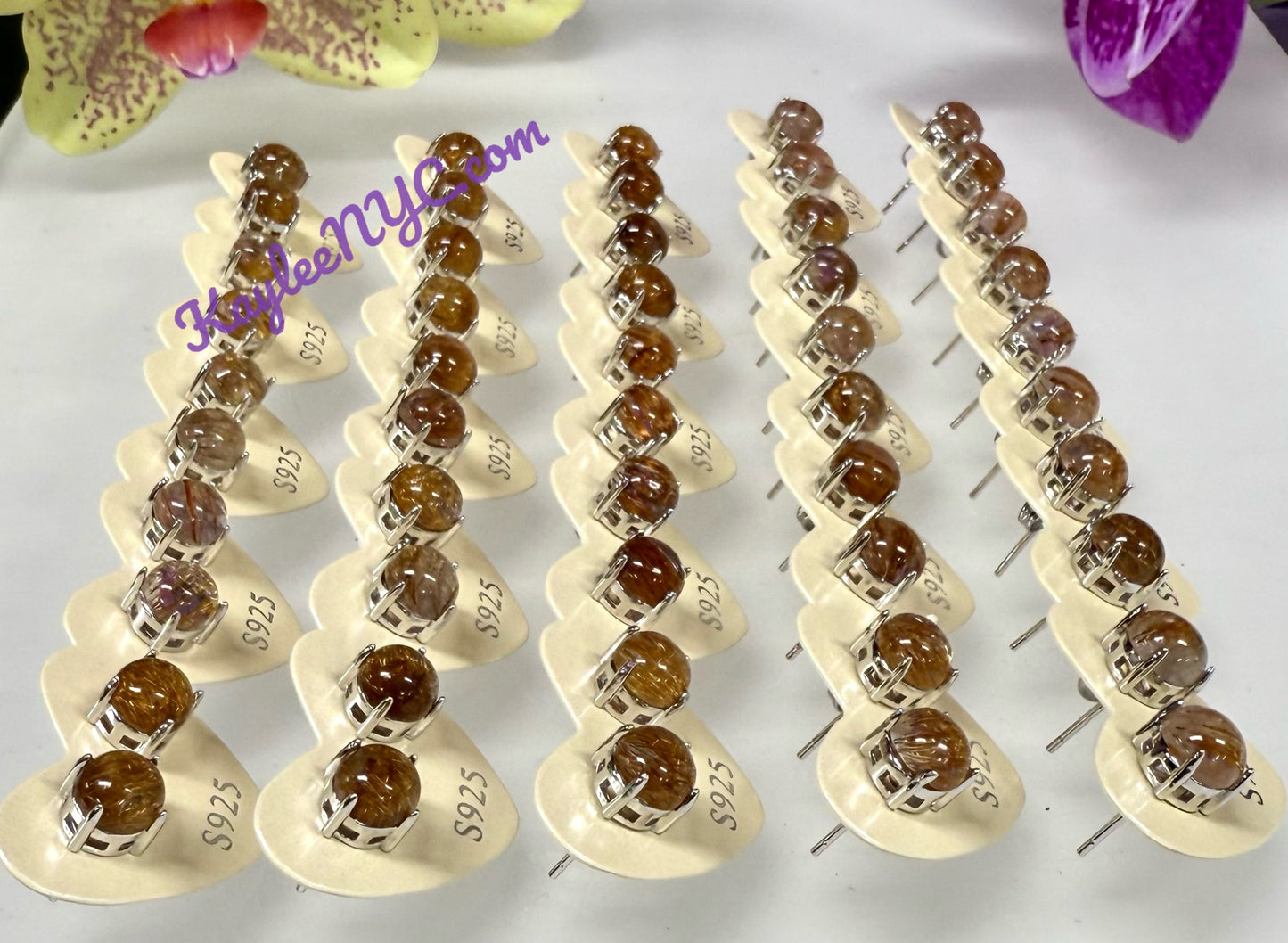 Wholesale Lot 5 Pairs Natural Rutilated Quartz Sterling Silver(925) Earring Studs 7mm round
