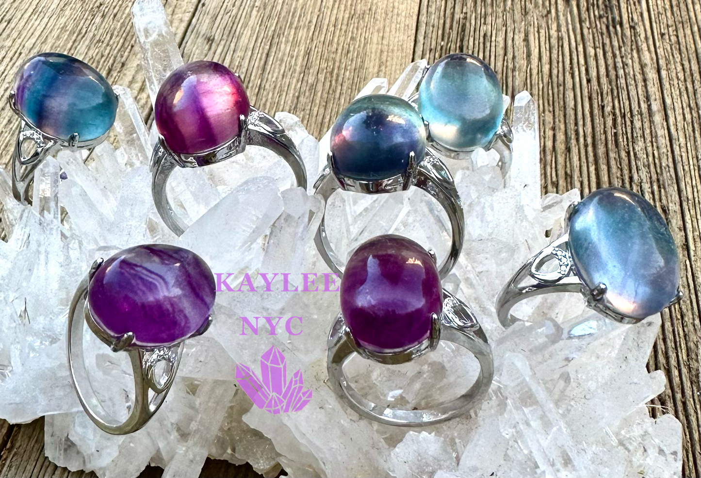 7 PCs Natural Rainbow Fluorite White Bronze Ring