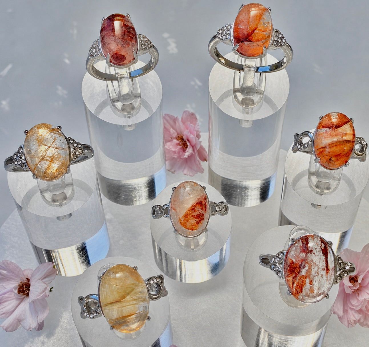 Wholesale Lot 7 pcs Natural Hematoid (Fire Quartz) Stainless Steel Ring 10x14mm